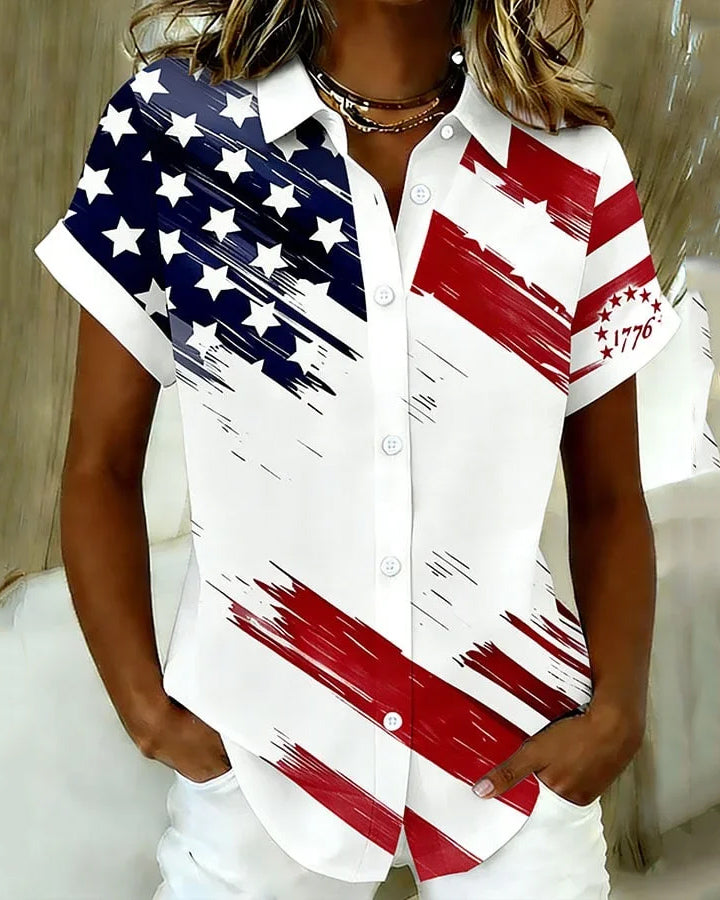 Vintage American Flag Oil Print Lapel Button-Down Short-Sleeved Shirt