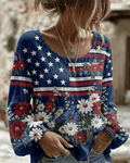 Vintage Independence Day Flag Flower Art Print Round Neck Puff Sleeves Blouse