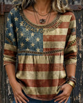 Vintage Independence Day Print Round Neck Blouse