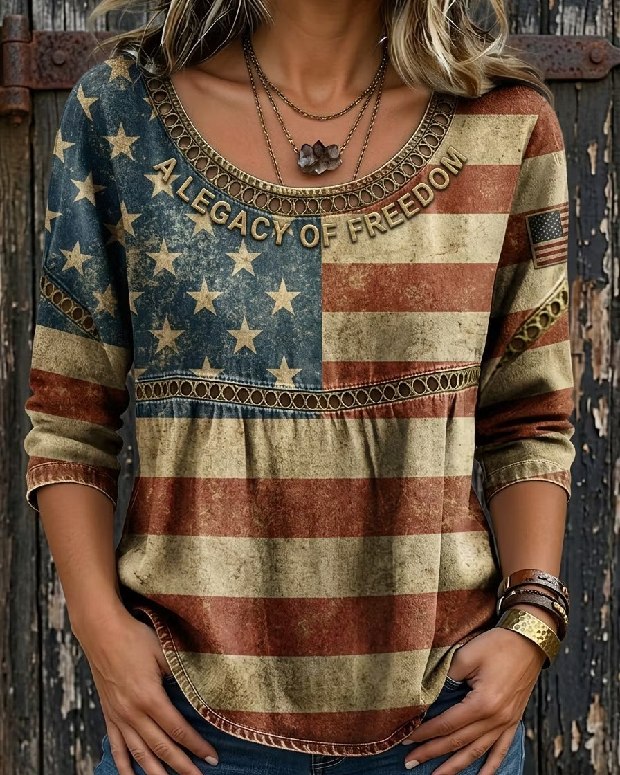 Vintage Independence Day Print Round Neck Blouse