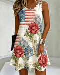 Vintage National Flag Rose Round Neck Sleeveless Mini Casual Dress