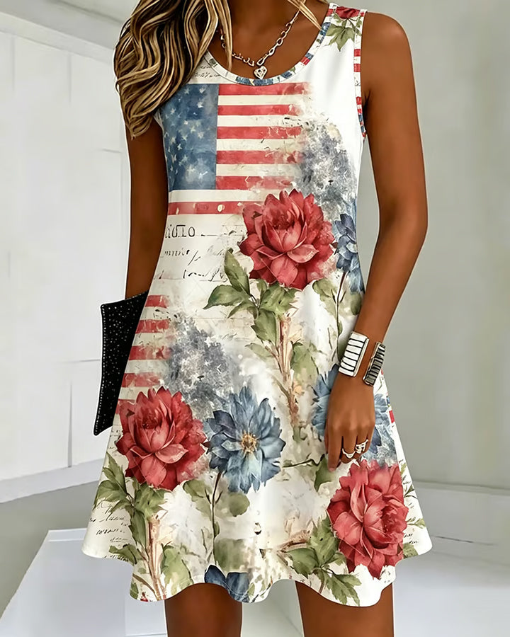 Vintage National Flag Rose Round Neck Sleeveless Mini Casual Dress