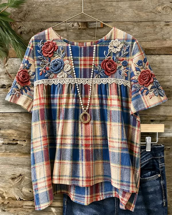 Vintage Plaid Roses Print Patchwork Round Neck Blouse