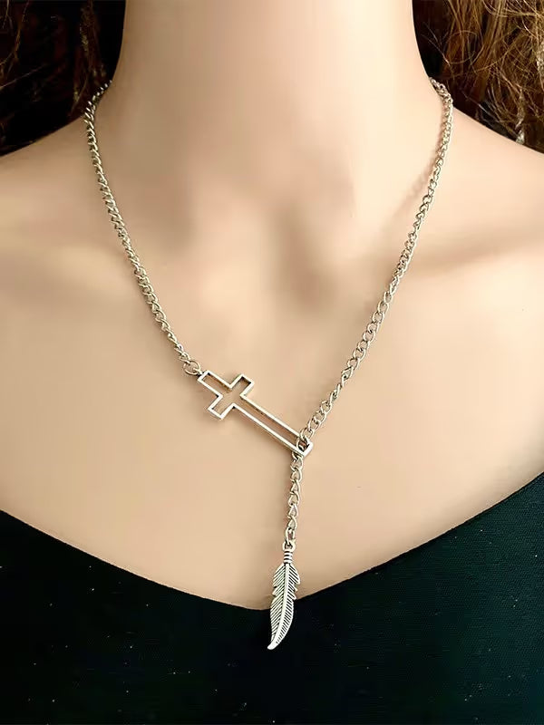 Vintage Sunflower Cross Cactus Western Denim Necklace