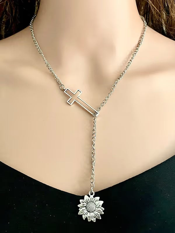 Vintage Sunflower Cross Cactus Western Denim Necklace