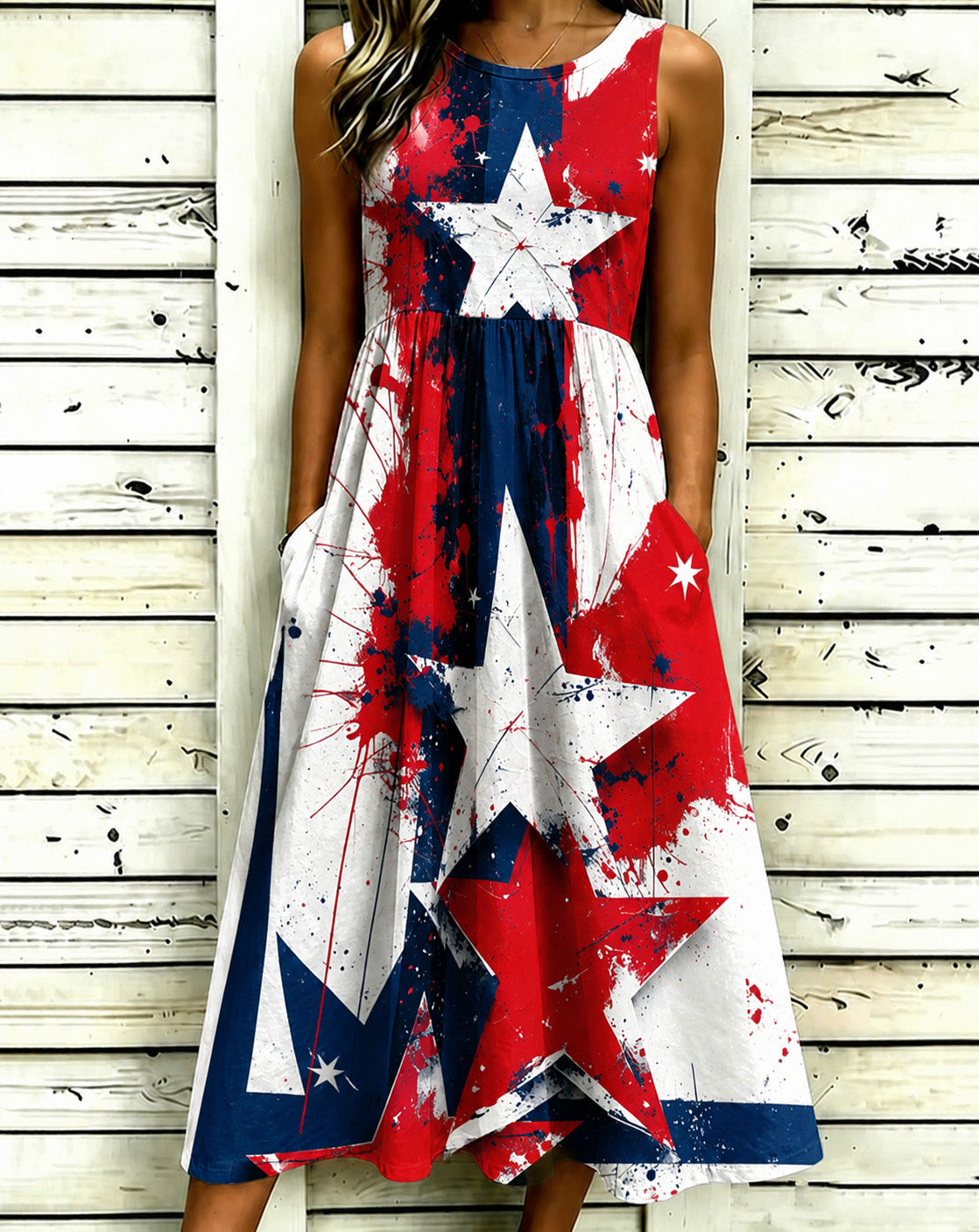 Watercolor Stars Sleeveless Pockets Casual Dress