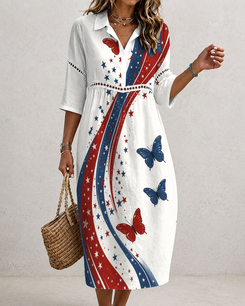 Wavy Striped Butterfly Print Collared Cutout Casual Linen-Cotton Midi Dress