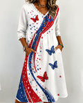 Wavy Striped Butterfly Print V-Neck Lace-Paneled Cotton Linen Casual Dress