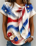 Women'S 250th Anniversary American Art Print Tie-Neck Short-Sleeve Top