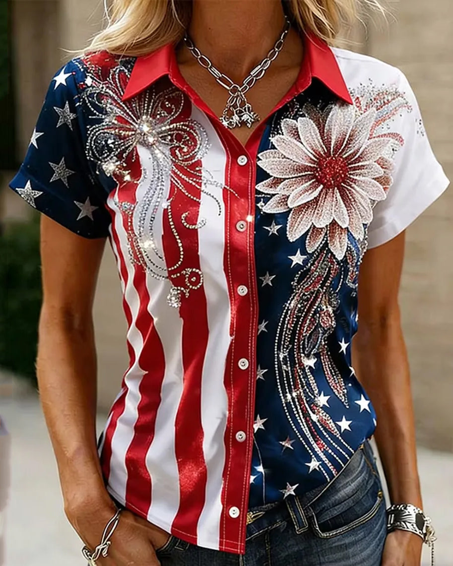 Women'S American Flag And Flower Print Lapel Button-Down Short-Sleeved Shirt
