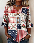 Women'S Casual 250th Anniversary Floral Print Lace Patchwork Half-sleeved Shirt
