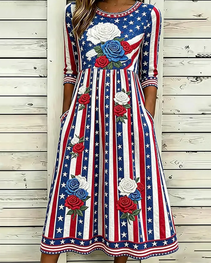 Women'S Casual Plant Flower Art American Independence Day Print Pocket Casual Dress