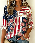 Women'S Round Neck Rose Flag Print Cotton And Linen Top