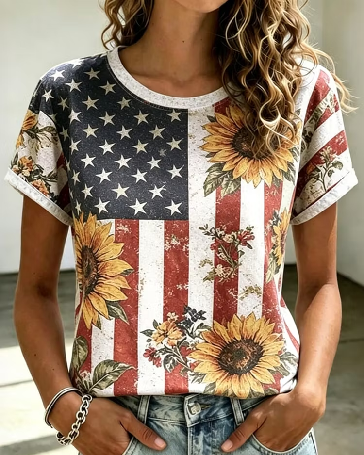 Women's American Flag Floral Stripes Print Crew Neck Short Sleeve Tshirt