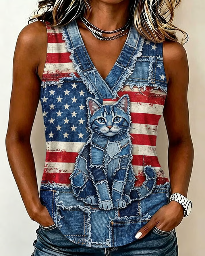 Women's Casual Patchwork Cat & American Flag Faux-Denim Print V-Neck Vest