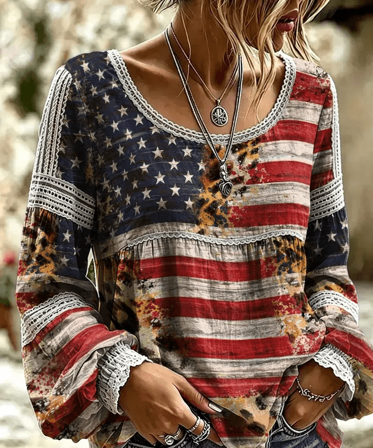 Women's Flag Art Print Casual Patchwork Print Round Neck Puff Sleeves Blouse