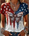 Women's Independence Day Flag And Butterfly Art Print V-neck Short Sleeve Tshirt
