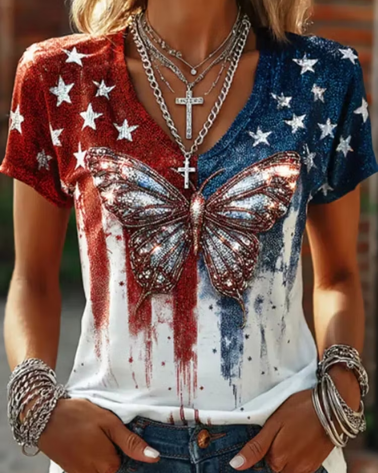 Women's Independence Day Flag And Butterfly Art Print V-neck Short Sleeve Tshirt