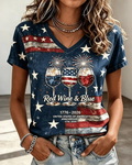 Women's Independence Day Flag Art Print V-neck Short Sleeve Tshirt