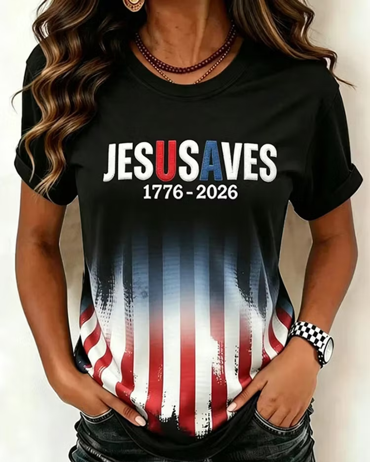 Women's Jesus Saves Usa Print Crew Neck Short Sleeve Tshirt