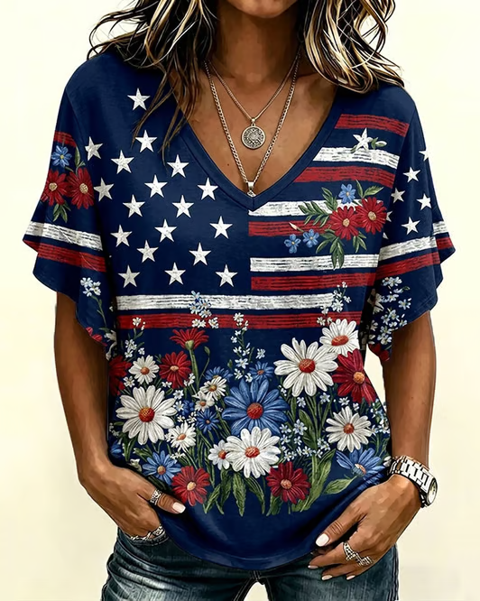 Women's Retro Flag & Floral 250th Anniversary V-Neck Lace Sleeve T-shirt