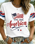 Women's Retro Independence Day Anniversary Print Crew Neck Short Sleeve Tshirt