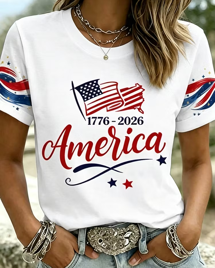 Women's Retro Independence Day Anniversary Print Crew Neck Short Sleeve Tshirt