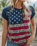 Women's Retro Independence Day Leopard Print Crew Neck Short Sleeve Tshirt