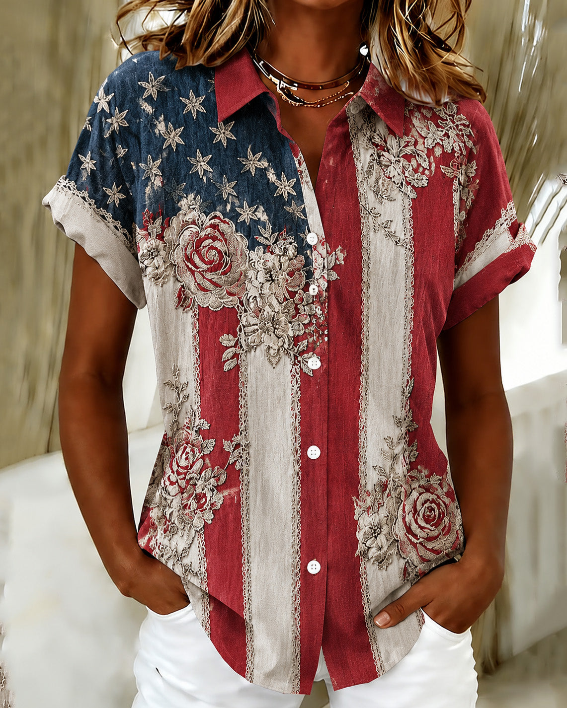 Women's Retro Independence Day Print Lapel Button-Down Short-Sleeved Shirt