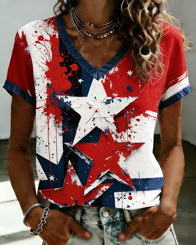 Women's USA 250th Anniversary Print V-neck Short Sleeve Tshirt