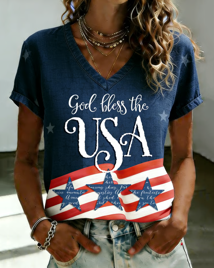 Women's USA 250th Anniversary Print V-neck Short Sleeve Tshirt