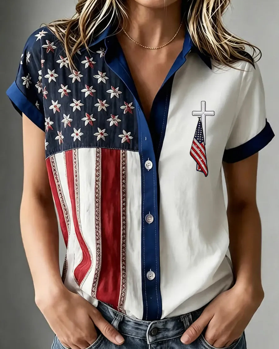 Women's USA 250th Anniversary Print Lapel Button-Down Short-Sleeved Shirt