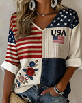 Women's USA Inspired Floral Print V-neck Half Sleeved Loose Top