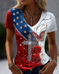 Women's Vintage Faith American Founding 250th Print V-neck Short Sleeve Tshirt