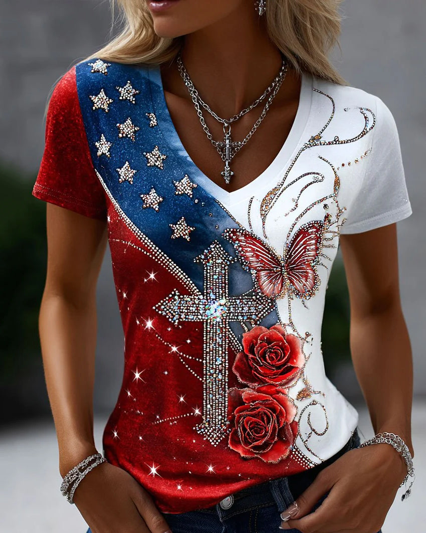 Women's Vintage Faith American Founding 250th Print V-neck Short Sleeve Tshirt
