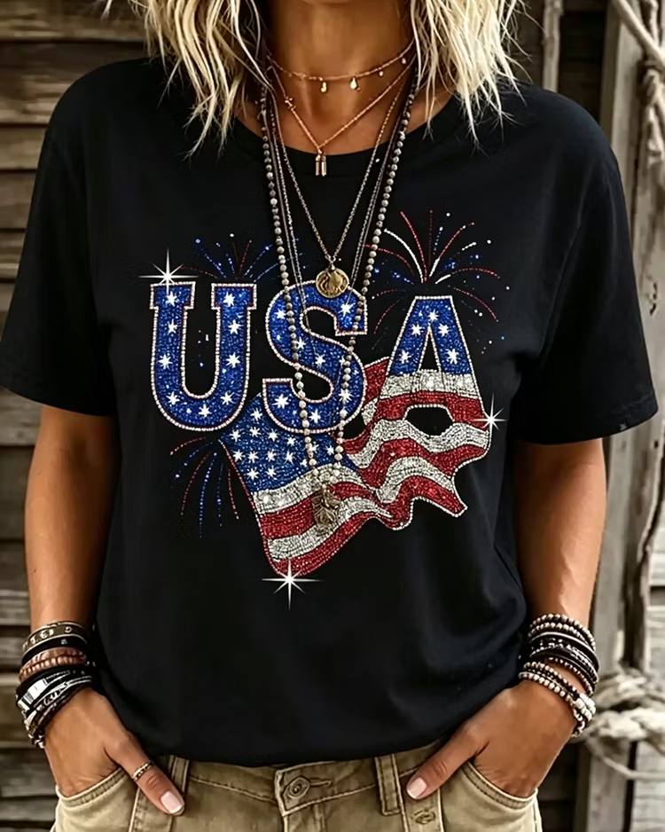 Women's Vintage Flag Wave Art Print Crew Neck Short Sleeve Tshirt