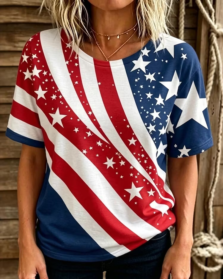 Women's Vintage Flag Wave Art Print Crew Neck Short Sleeve Tshirt