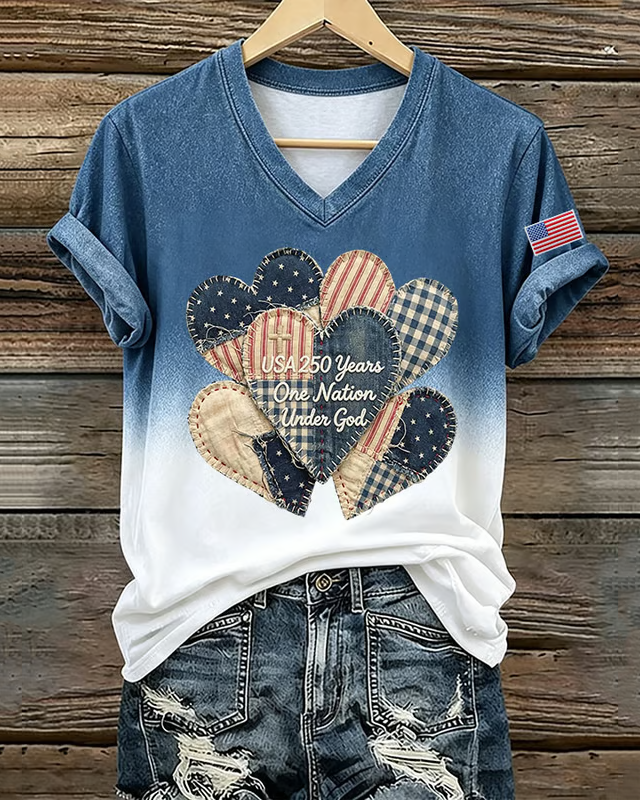 Women's 250th Anniversary Heart-Shaped Balloons Print V-neck Short Sleeve Tshirt