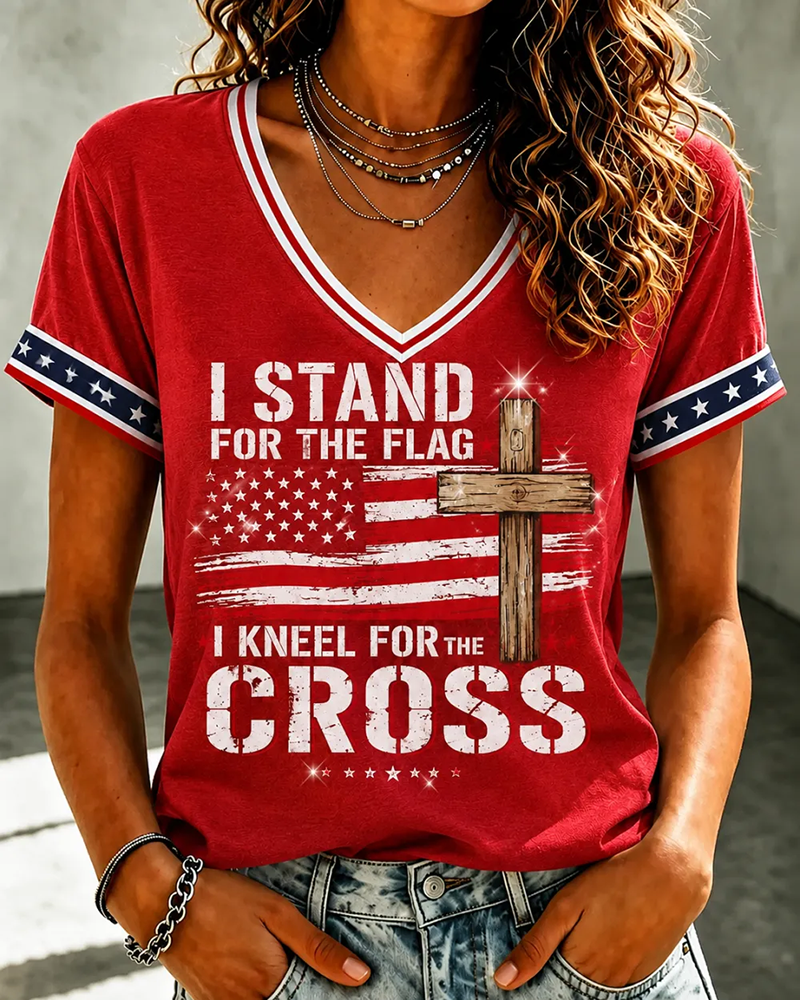 I Kneel for The Cross Print V-neck Short Sleeve Tshirt