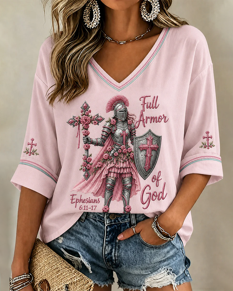 Christian Full Armor Of God Print V-neck Loose T-shirt