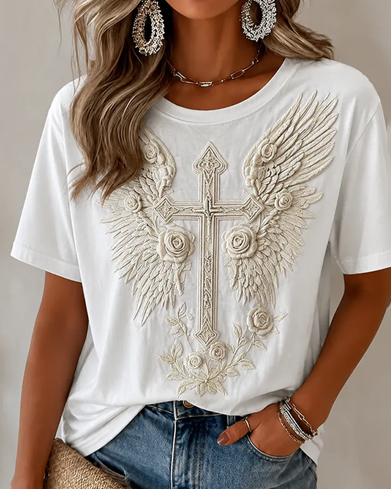 100% Cotton Christian Cross Wings Crew Neck Short Sleeve Tshirt