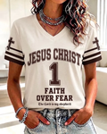 Faith Over Fear Print V-neck Short Sleeve Tshirt