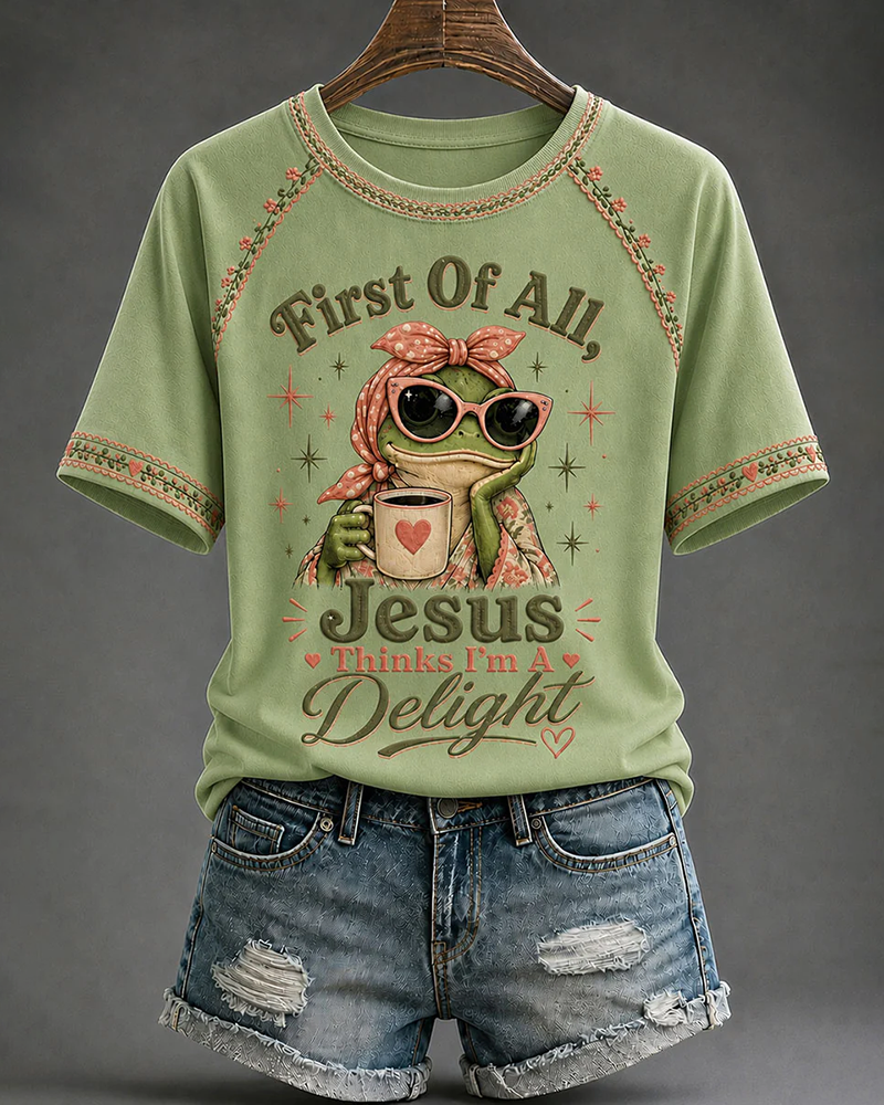 Women's Jesus Thinks I'm A Delight Printed Crew Neck Short Sleeve Tshirt