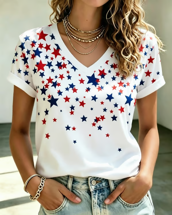 250th Anniversary Star Print V-neck Short Sleeve Tshirt