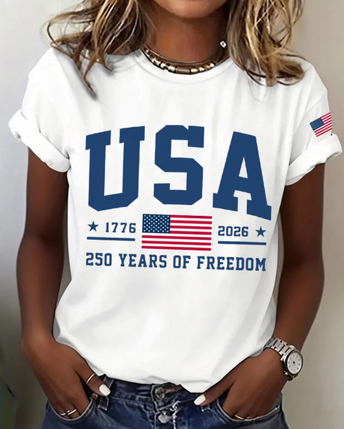 100% Cotton 250 Years of Freedom Print Crew Neck Short Sleeve Tshirt