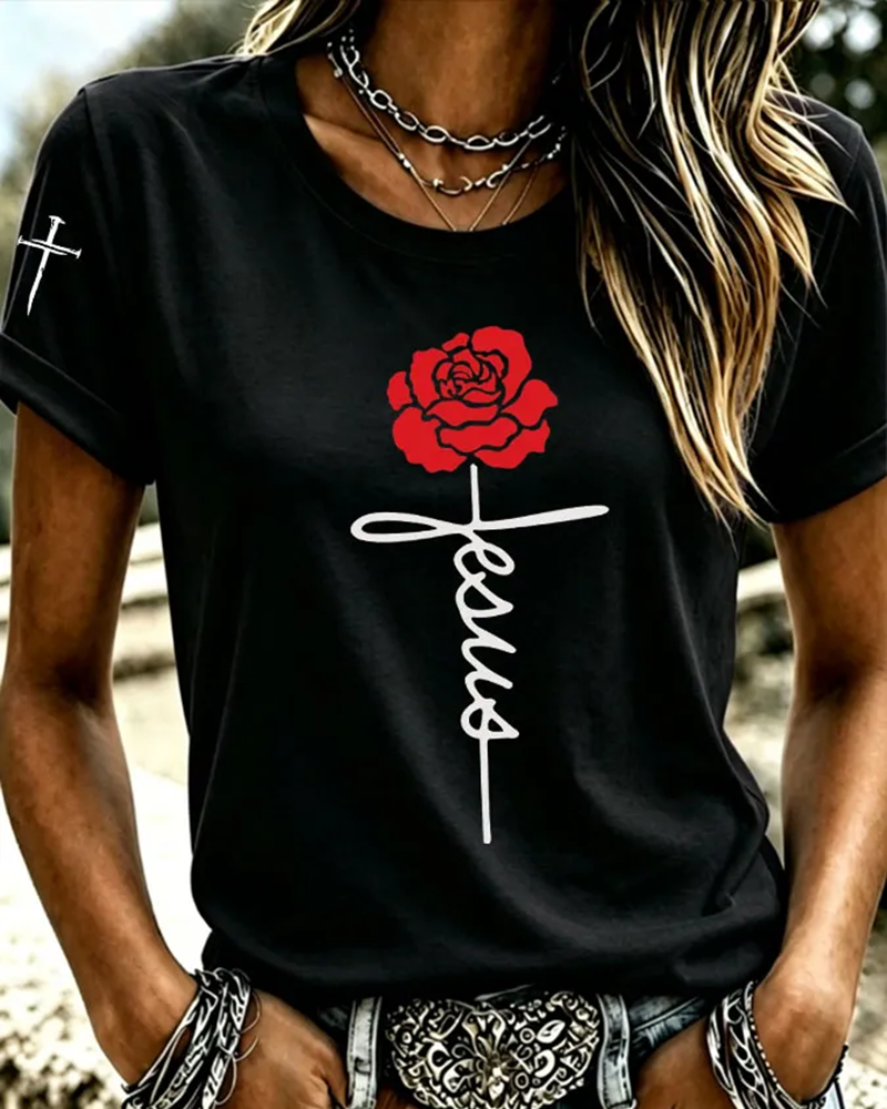 100% Cotton Faith Red Rose Crew Neck Short Sleeve Tshirt