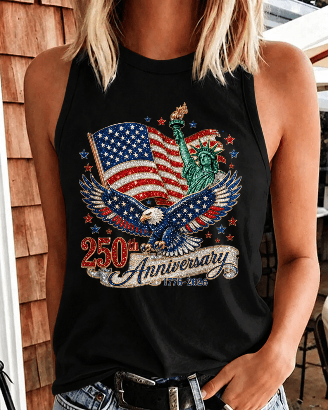 Statue of Liberty 250th Anniversary  Print Round Neck Sleeveless Vest