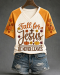 Women's Fall For Jesus Cross Pumpkin Printed V-neck Short Sleeve Tshirt
