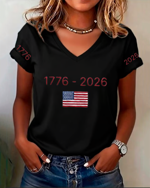 100% Cotton Women's USA 250th Anniversary Print V-neck Short Sleeve Tshirt