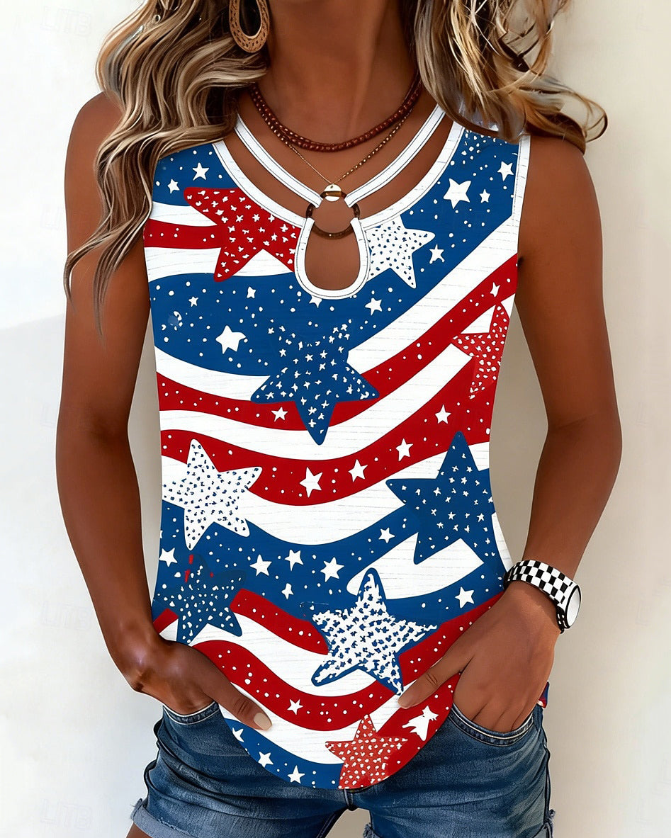Circular Ring 250th Anniversary Large Striped Star Print Sleeveless Tank Top